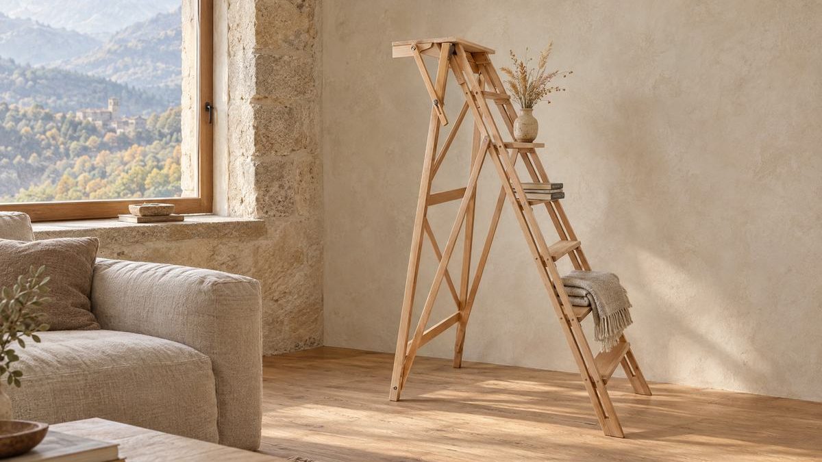 Escalera decorativa de madera de haya junto a un sofá de lino en un salón de piedra con vistas al Pirineo