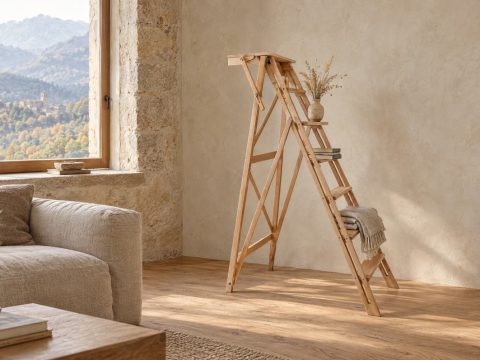 Escalera decorativa de madera de haya junto a un sofá de lino en un salón de piedra con vistas al Pirineo