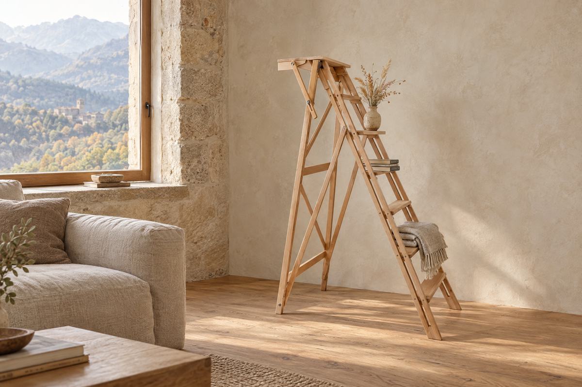 Escalera decorativa de madera de haya junto a un sofá de lino en un salón de piedra con vistas al Pirineo