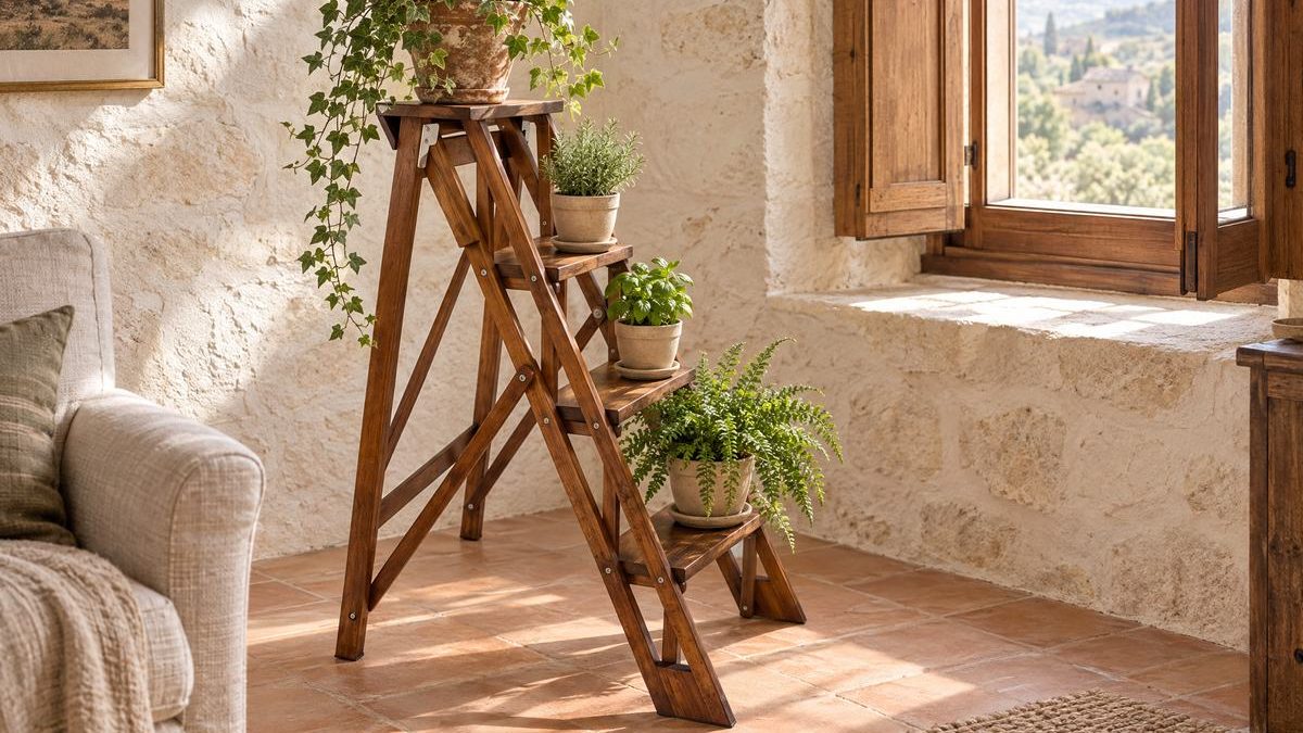 Escalera decorativa de madera en nogal con hiedra, helecho y hierbas aromáticas en macetas, junto a una ventana en una casa de piedra aragonesa