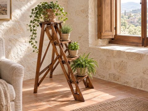 Escalera decorativa de madera en nogal con hiedra, helecho y hierbas aromáticas en macetas, junto a una ventana en una casa de piedra aragonesa