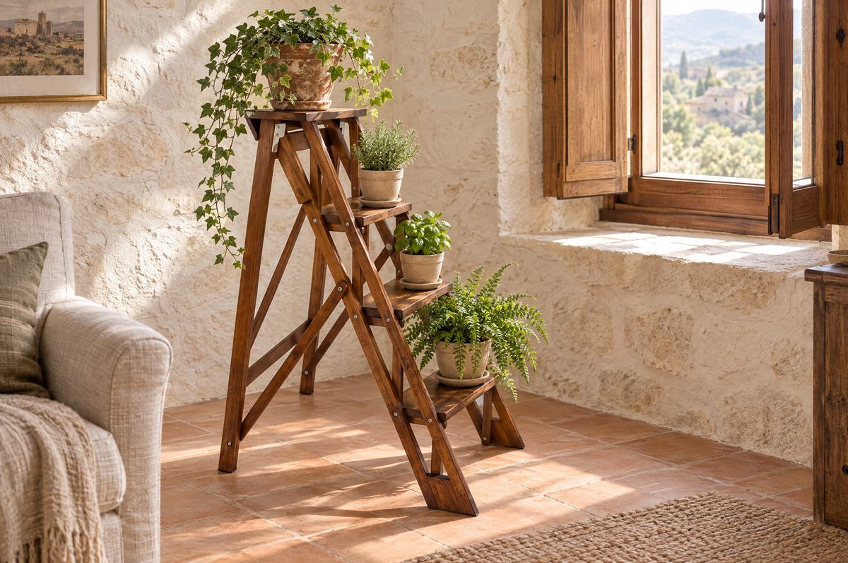 Escalera decorativa de madera en nogal con hiedra, helecho y hierbas aromáticas en macetas, junto a una ventana en una casa de piedra aragonesa