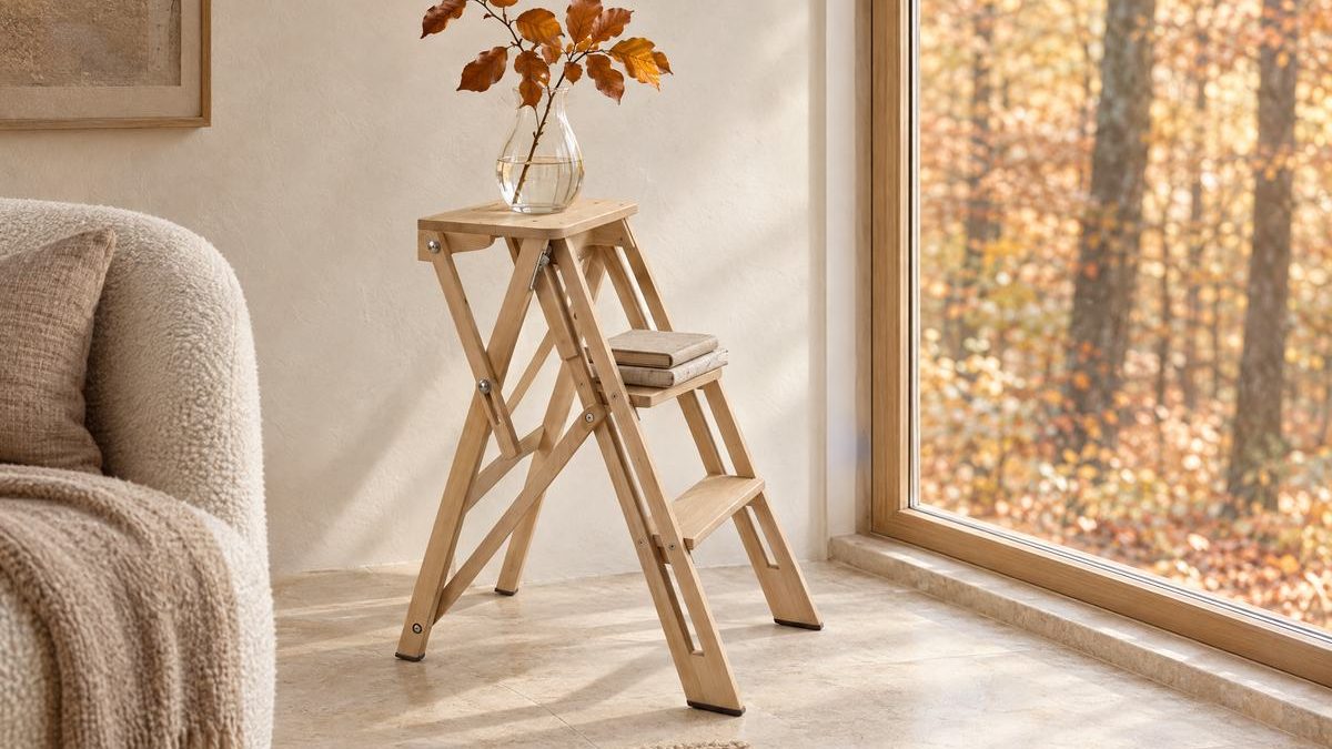 Escalera pequeña de madera de haya usada como mesita junto a una ventana con vistas a un hayedo en otoño