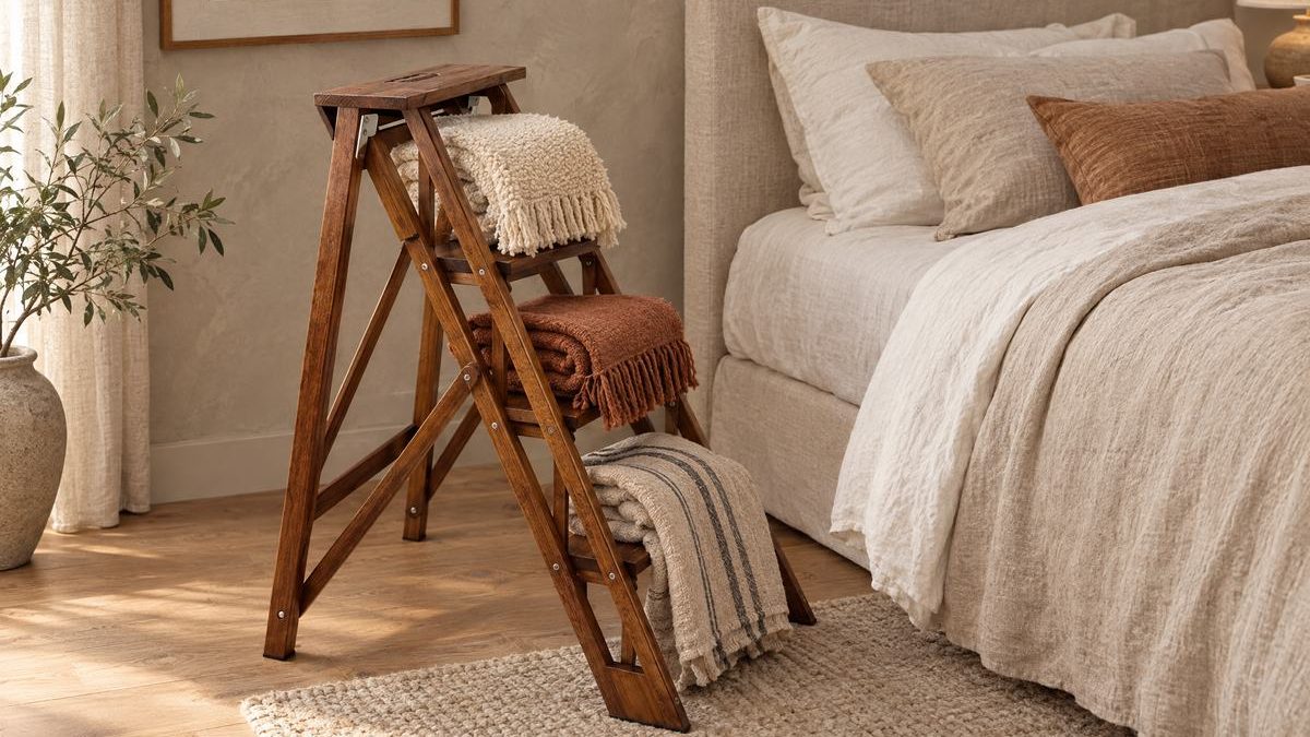 Escalera de madera en acabado nogal con mantas de bouclé, lana y lino junto a la cama