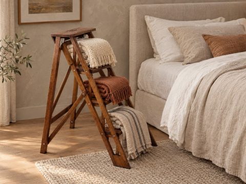Escalera de madera en acabado nogal con mantas de bouclé, lana y lino junto a la cama