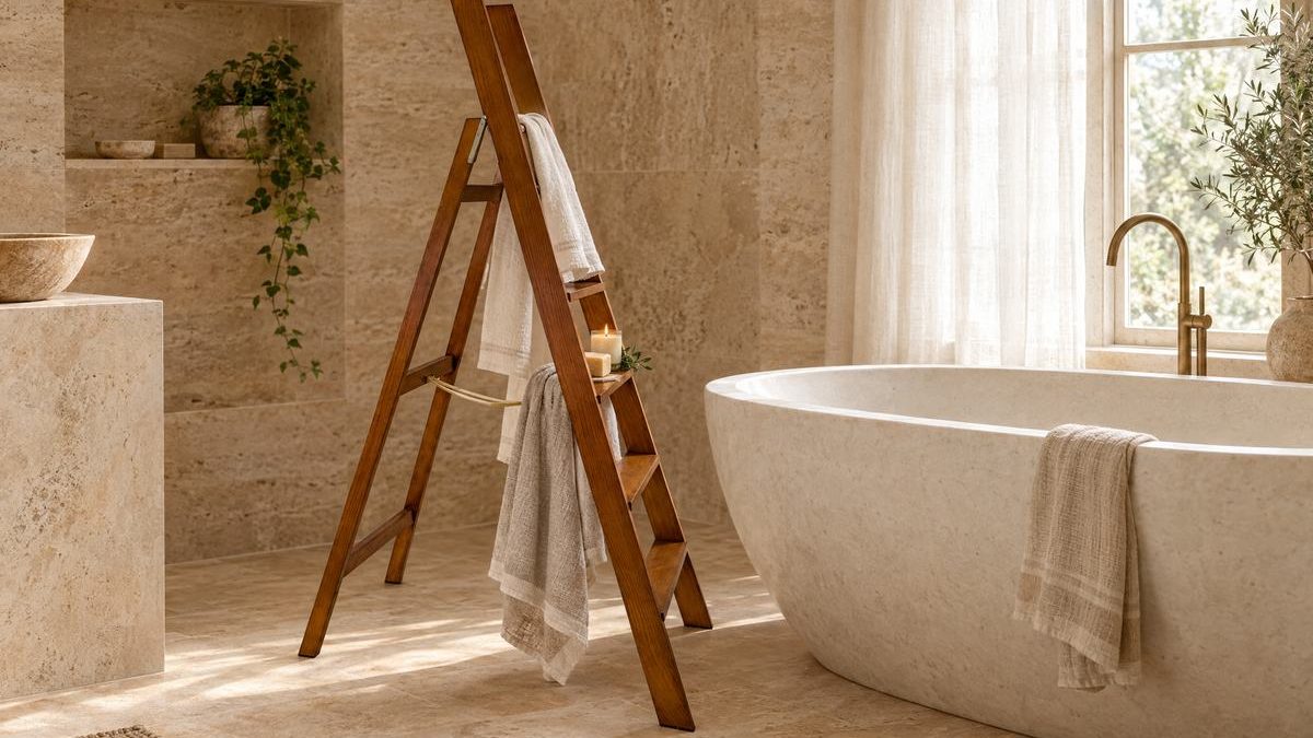 Escalera de madera usada como toallero, con toallas de lino junto a una bañera exenta de piedra
