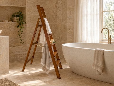 Escalera de madera usada como toallero, con toallas de lino junto a una bañera exenta de piedra