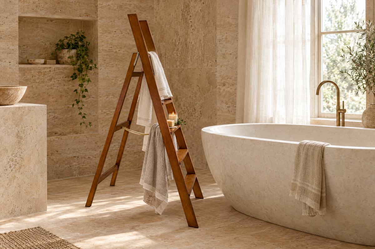 Escalera de madera usada como toallero, con toallas de lino junto a una bañera exenta de piedra