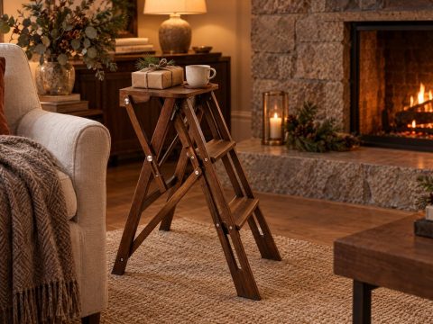 Escalera pequeña de madera en nogal junto a la chimenea con un regalo envuelto en papel kraft
